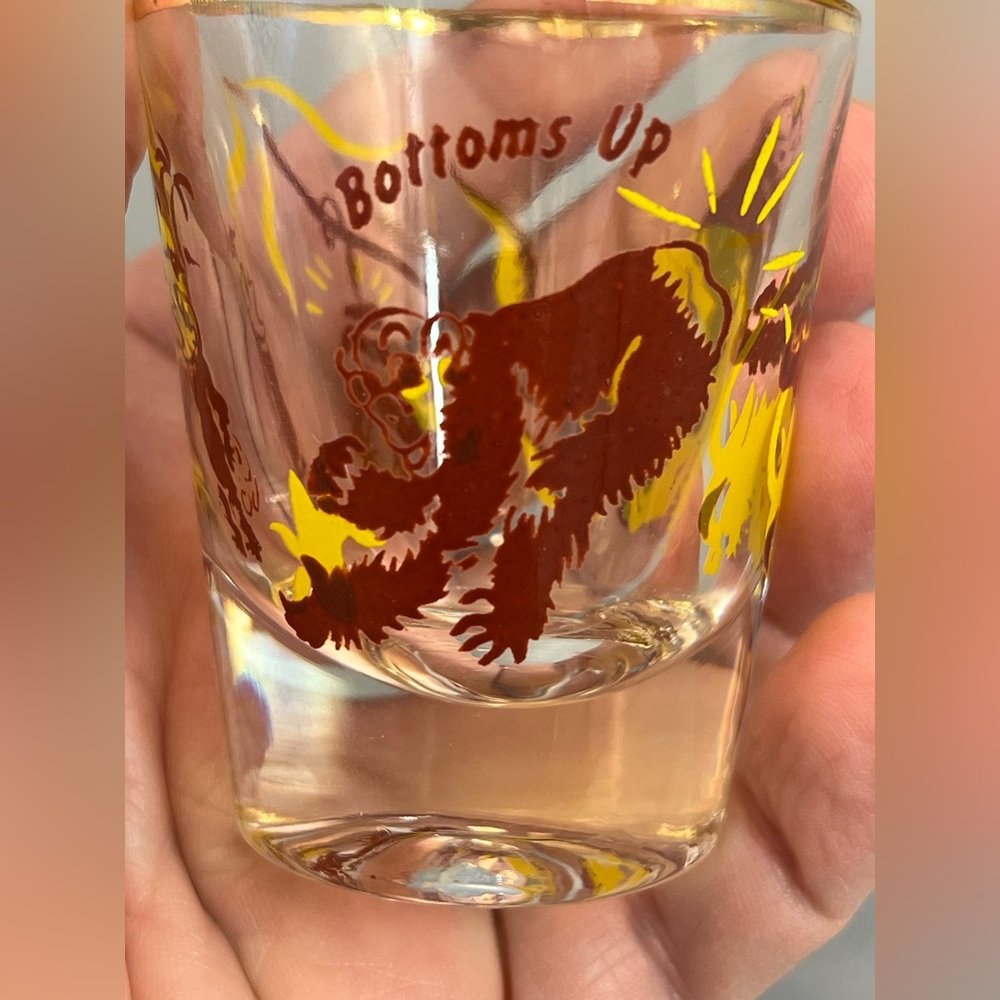 Vintage Monkey Shot Glass "Bottoms Up" Brown Yellow Mid Century Barware Gift 2oz
